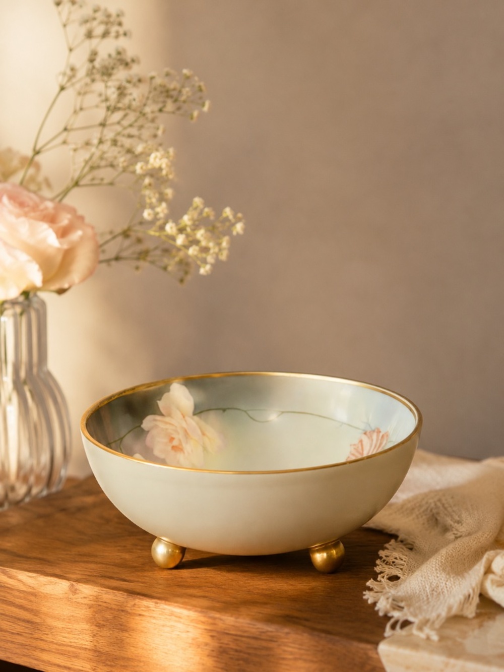 Royal Rudolstadt Prussia Gold Trim Footed Porcelain Bowl‎ Roses Antique 8.5”